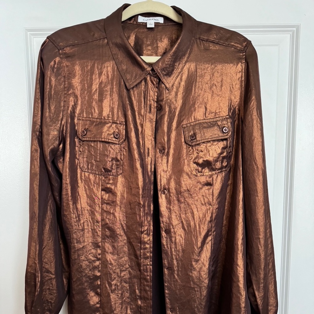 Calvin Klein Shiny Bronze Metallic Blouse Button Down Size Large